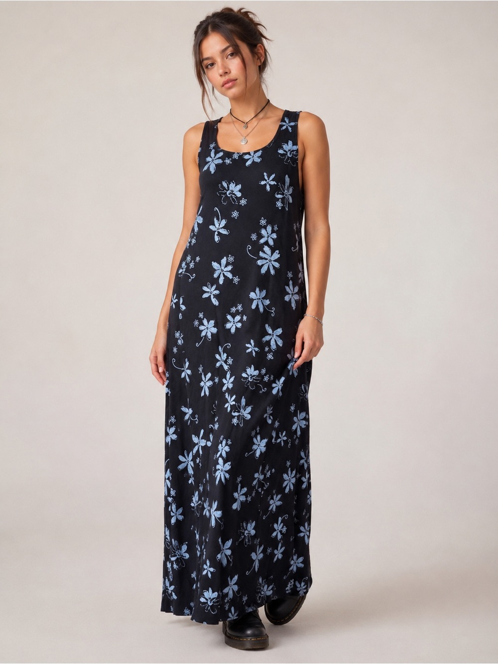 Vintage Fresh Produce Women’s S Maxi Dress Made USA Black Flowers 90s